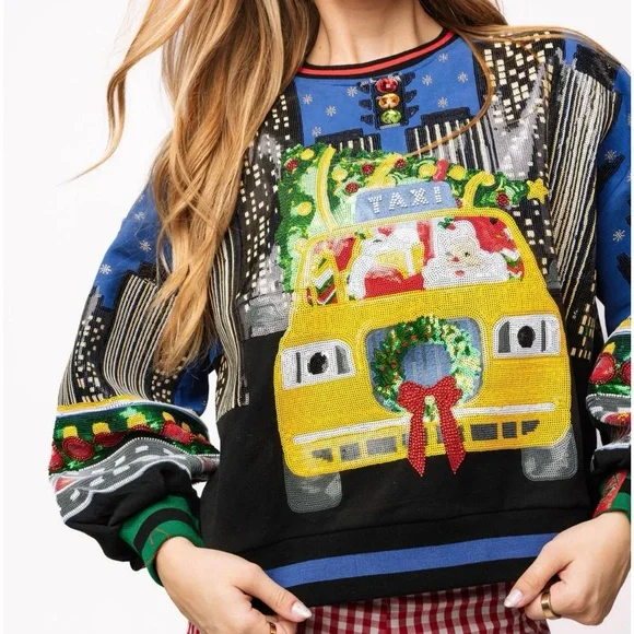 QUEEN OF SPARKLES Festive Taxi Sweater - Blue, Black, Yellow - Picture 1 of 5